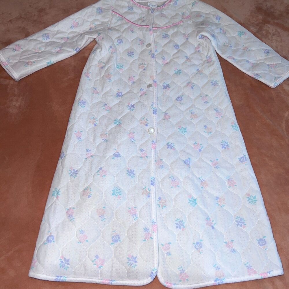 Candlesticks Girls Sz 5 White Floral Button Quilted Puffy Robe 1980s Vintage
